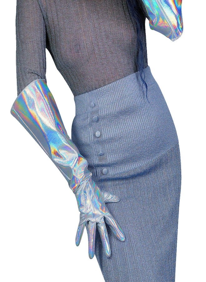 DooWay Long Leather Gloves for Women Faux Patent PU 20 inches Wide Sleeve Gauntlet Hologram Silver - Image 3